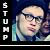 Pixelated static image shows a person with light hair and glasses against dark background, vertical text 'STUMP' on left side.
