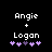 Pixelated text 'Angie + Logan' above five purple and white heart icons on a black background, with one heart changing color between frames.