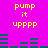 A bright pink background displays yellow text reading "pump it upppp" above two of teal horizontal bars that shift position across frames