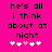 Bright pink background with black pixelated text reading 'he's all i think about at night' and five white plus signs below, one of which is light pink.