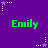 Purple background with green text 'Emily' repeated six times in a , surrounded by white and purple star-shaped pixel clusters