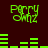 Green pixelated text and bar graphs on dark red background, animated with changing horizontal bars.