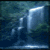 Pixelated waterfall image with blue text overlays reading 'conserve water...' and 'shower with a friend...'