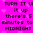 Pixelated text on a bright pink background with repeating heart shapes, displaying lyrics about turning up before midnight.