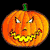 Two pixelated orange pumpkin faces with green stems and yellow grinning mouths displayed side-by-side on a black background.