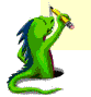 Green dragon with blue spines emerges from hole, holding yellow pencil; text on beige background changes sequentially.