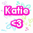 Pixelated icon with pink text 'Katie' and '3', surrounded by pastel floral shapes in purple, teal, green, blue, and light pink on white background.