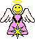 Pixelated angel figure with yellow halo, white wings, pink dress, and star-shaped chest symbol on gray background.