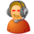 Pixelated figure with orange top, gray headphones, red eyes, and pixelated mouth on light gray background.
