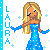 Pixelated icon of a woman with long blonde hair in a blue strapless gown, standing against white background with light blue text and stars.
