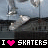 Pixelated animation of a skateboarder performing a trick on a ramp with a black banner displaying 'I ❤️ SKATERS' text.