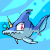 Animated pixel art of a blue shark-like creature with golden horns and red eyes swimming in an underwater scene with light blue background and bubbles.