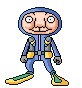 Pixelated character in blue hooded jumpsuit with yellow accents and green-yellow shoes, shown across nine poses on gray background.