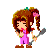 A 3x3 contact sheet of a pixel-art animated character with brown pigtails, pink overalls, and a red shirt holding a gray staff-like object across nine frames showing facial expressions, hand gestures, and particle effects.