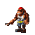 Pixel art character in red cap, white tank top, blue pants with yellow belt, holding hammer in various poses across frames.