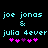Pixelated cyan text displays "joe jonas & julia 4ever" with pink and purple heart symbols below, on a black background.