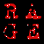 A 4-frame animated contact sheet of red pixelated text icons on a black background, showing alternating 'R' and 'G' characters with small white dots forming their outlines.