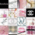 small square images with a prominent pink 'CUTE!!!' text overlay on the right side, featuring various patterns and symbols including repeated black-and-white Chanel logos