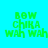 Green pixelated text 'BOW CHIKA WAH WAH' on cyan background with red horizontal bars shifting across the text in animation.