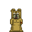 Pixelated character with brown fur, white eyes, black nose, and red mouth detail standing against gray background.