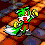 Green anthropomorphic character with red accents and white-tipped tail in multiple poses against stone background, some frames show text.
