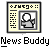 Static pixel art icon depicting a stylized news interface with a central camera graphic and "News Buddy" text below, framed by a border with control symbols.