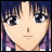 Pixelated anime-style character with blue hair and large eyes, next to stylized text on a black background.
