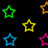 Five pixelated star-shaped icons in green, yellow, blue, orange, and magenta colors arranged on a black background.
