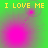 Green background with pink circular gradients and yellow text reading 'I LOVE ME' in four quadrants, showing animation changes across observations.