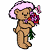 Pixelated cartoon bear wearing pink hat with bow holding bouquet of flowers on white background, next to green text reading "Original Icons .com" in pixel font.
