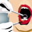 Static pixel art icon showing a person's mouth with red lips and teeth being examined by dental tools held in a gloved hand.