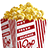 A red and white striped popcorn bucket filled with yellow popcorn, next to black text reading 'movie time!!' on a light purple background.