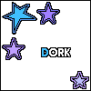 four and four of identical pixel art icons featuring blue and purple stars and the text 'DORK' in blue and black