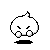 Pixelated white cloud-shaped character with angry eyes and small round hands, standing on a black shadow against gray background.