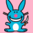 Pixelated blue bunny mascot with pink nose and white belly holding a knife on pink background, accompanied by text "cute but psycho" and "things even out" in black pixel font.