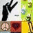Animated icon with four distinct showing peace symbols, heart symbol, and repeated 'PEACE' text in yellow on black-and-white background