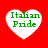 Four heart-shaped icons with green text reading "Italian Pride" on a red background, arranged in a