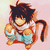 Pixelated anime-style character with spiky dark hair and a tail, wearing white and blue clothing, crouched against a light pink background.