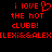 Red pixelated text on black background reads 'i love the hot clubb!' with a heart symbol replacing 'o' in 'love', repeated twice, and '[LEXIS&ALEX]' below.