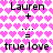 Pixelated icon with pink heart pattern background, displaying text equations with 'Lauren' and 'true love' in black font.