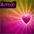 Pixelated image with pink text 'Amol' on black background, heart symbol surrounded by radiating lines in gradient colors.