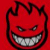Red cartoon fire face with sharp teeth and angry eyes on red background, next to black with red text 'spit fire' in pixelated font