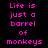 Pixelated pink text reads "Life is just a barrel of monkeys" on black background with gray gradient effects.