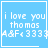 Blue square icon with white pixelated text reading "i love you thomas A&F< 3333" and a small heart symbol in the bottom-right corner.