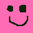 Pixelated smiley face with dark green eyes and mouth on split pink and blue background.