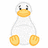 Pixelated white duck with orange beak and feet, sitting on a split background of white and solid orange.