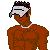 Pixelated cartoon figure with brown skin, black pants, and white pocket details stands beside a gray box with blue text.
