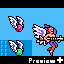 Pixel art character with purple hair and white-purple wings, shown in three poses against a blue background with partial grid elements.