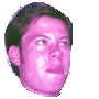 Three pixelated head views of a person with dark hair against a gray background, showing mouth expressions and black graphic symbols.