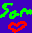 Pixelated green text 'Sam' curves over a red heart symbol on solid blue background.